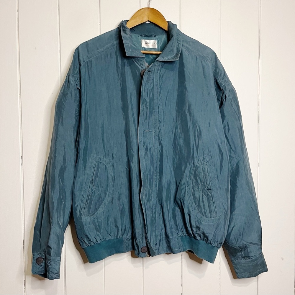 Vintage Blue 100% Silk Bomber Jacket. Size XL.